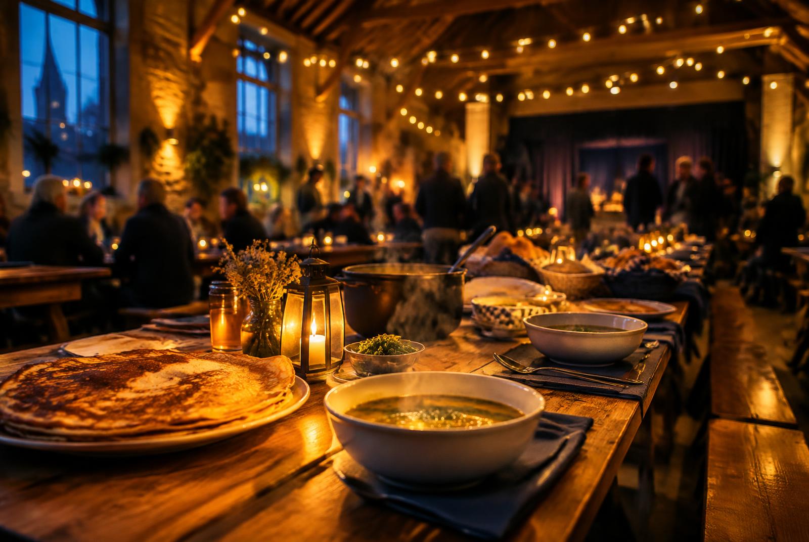 Warme zaal met lange tafels, soep en pannenkoeken