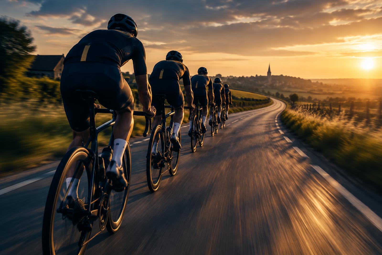Groep wielrenners op een landweg bij zonsondergang